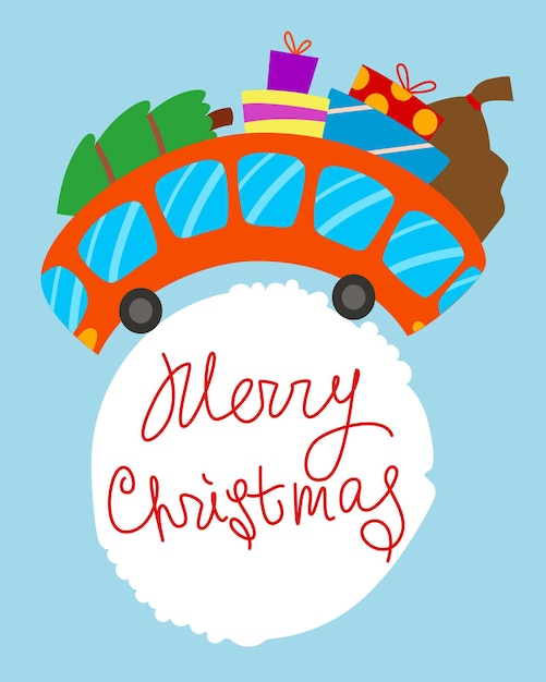 Merry Christmas greeting card red curved christmas bus with fir tree and gifts Side view