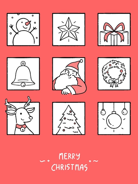 Merry Christmas greeting card set, holiday concept, hand-drawn line art style  illustration.