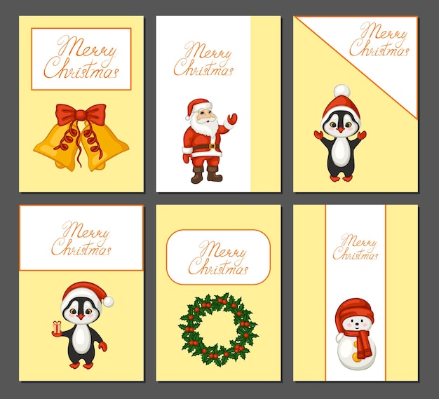 Merry Christmas greeting card set. Santa Claus, wreath, snowman, penguin, bells