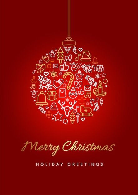 Merry Christmas greeting card template. Xmas bauble silhouette with lettering, linear festive icons