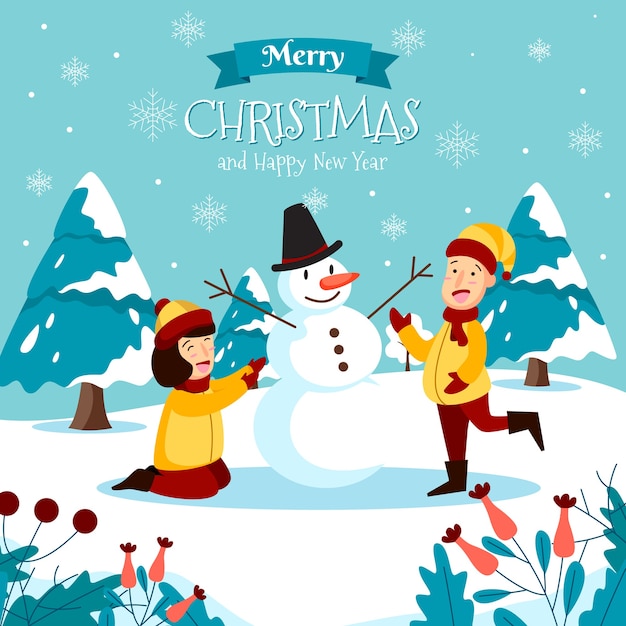 Merry christmas greeting card with children making snowman and text