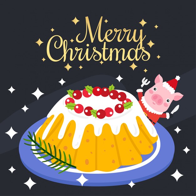 Merry Christmas greeting card with Christmas pudding.