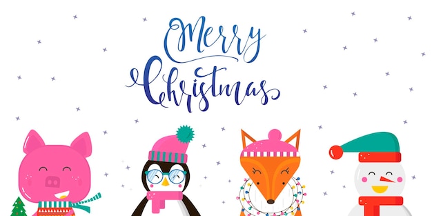 Merry Christmas greeting card with cute animals pig penguin