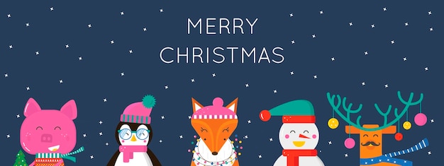 Merry Christmas greeting card with cute animals pig reindeer penguin fox and snowman