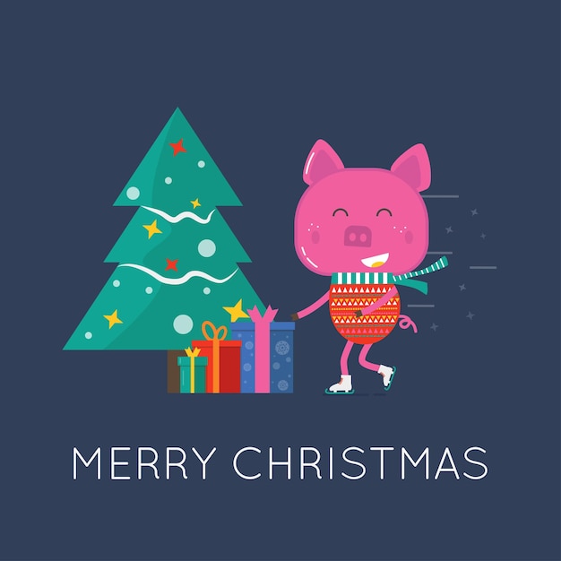 Merry Christmas greeting card with cute animals pig