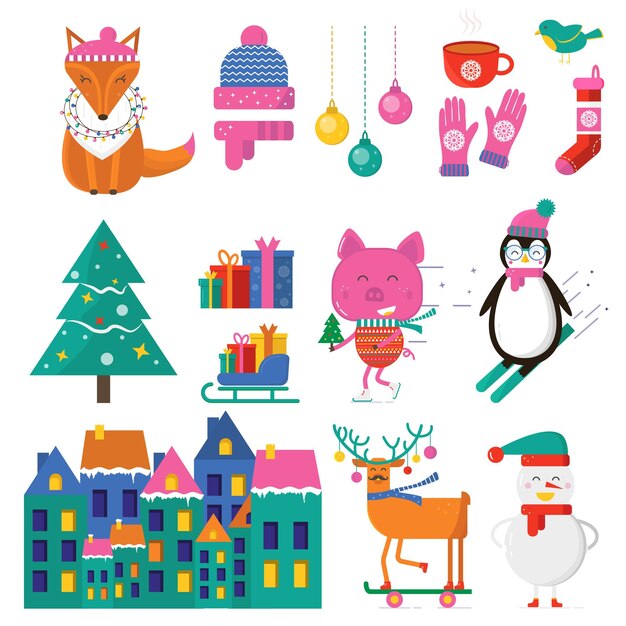 Merry Christmas greeting card with cute animals