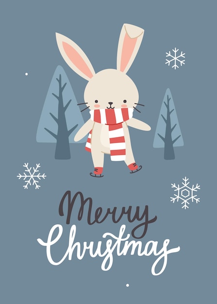 Merry christmas greeting card with cute bunny on the skates.