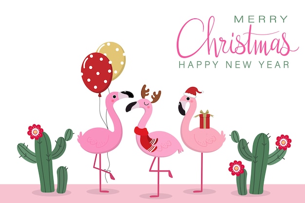 Vector merry christmas greeting card with cute flamingos