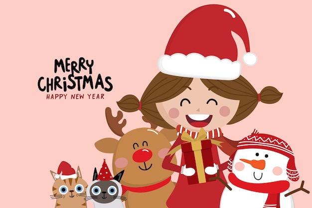 Merry Christmas greeting card with cute girl.