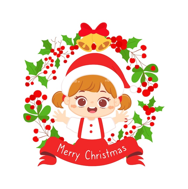 Merry christmas greeting card with cute kids wear santa hat on christmas wreath