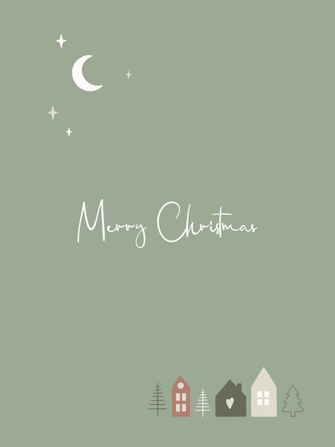 Merry Christmas greeting Card with cute scandinavian houses and text. Vector template for new year, gift tag, calendar, planner, invitations, posters.