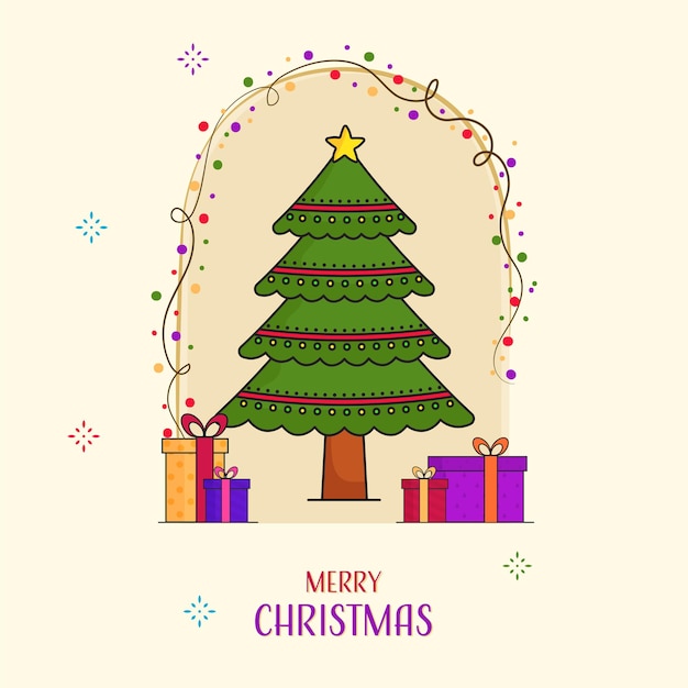 Merry Christmas Greeting Card With Doodle Xmas Tree Gift Boxes On Beige And White Background