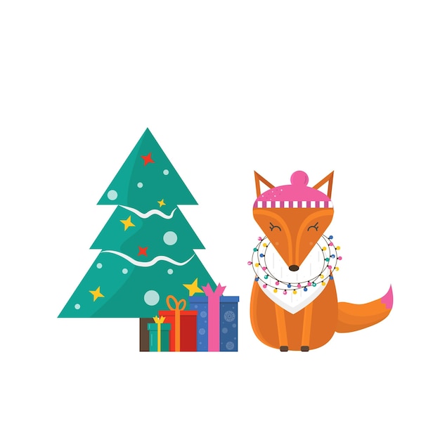 Merry Christmas greeting card with fox tree and presents