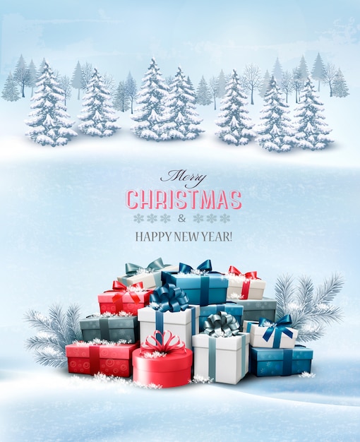 Merry Christmas greeting card with gift boxes and landscape.