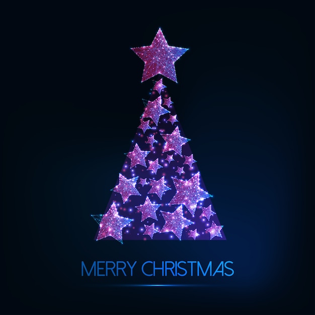 Merry Christmas greeting card with glowi low poly Christmas tree made of shiny stars.