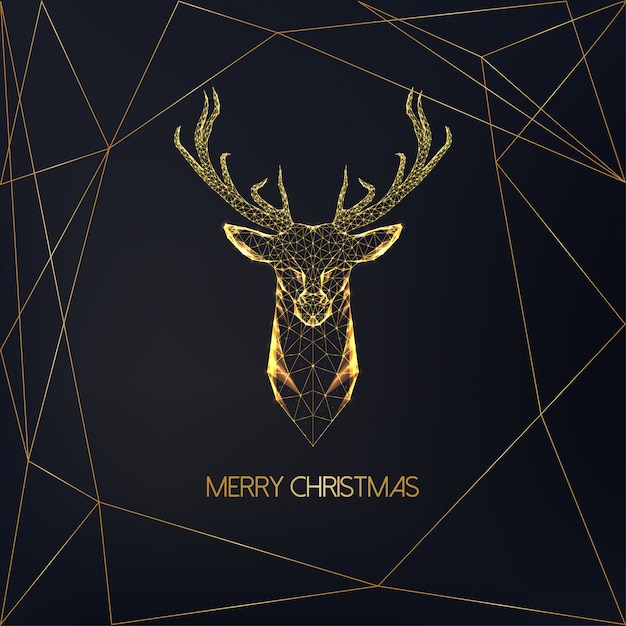 Merry Christmas greeting card with golden low polygonal deer head with antlers and text on black.