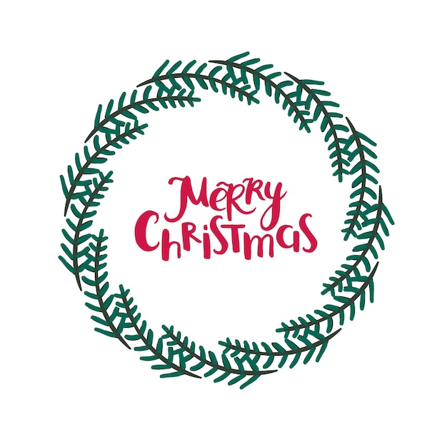 Merry Christmas greeting card with green wreath and hand drawn lettering Vector floral wreath