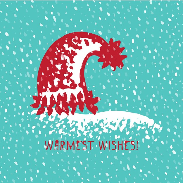 Vector merry christmas greeting card with hand drawn cute knitting hat vintage retro designs with text warmest wishes