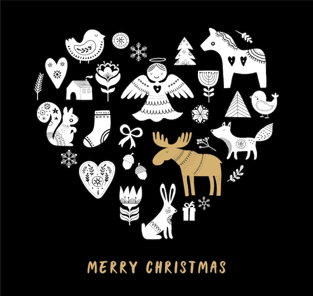 Merry Christmas greeting card with hand drawn Scandinavian, Nordic style illustrations