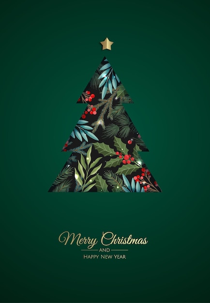 Merry Christmas greeting card with new years tree. Vector holiday illustration.