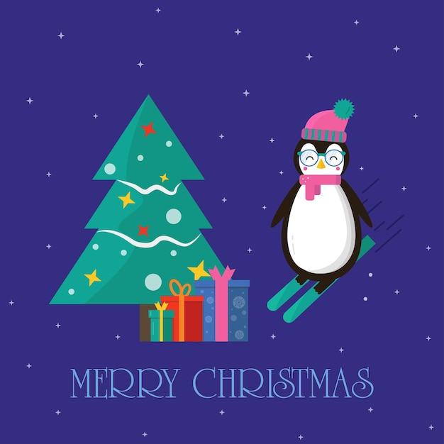 Merry Christmas greeting card with penguin on skiing with presen