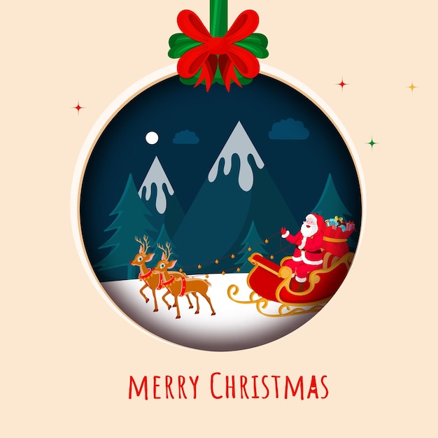 Merry Christmas Greeting Card With Santa Claus Riding Reindeer Sleigh And Snow Mountain On Peach Paper Cut Bauble Shape Background