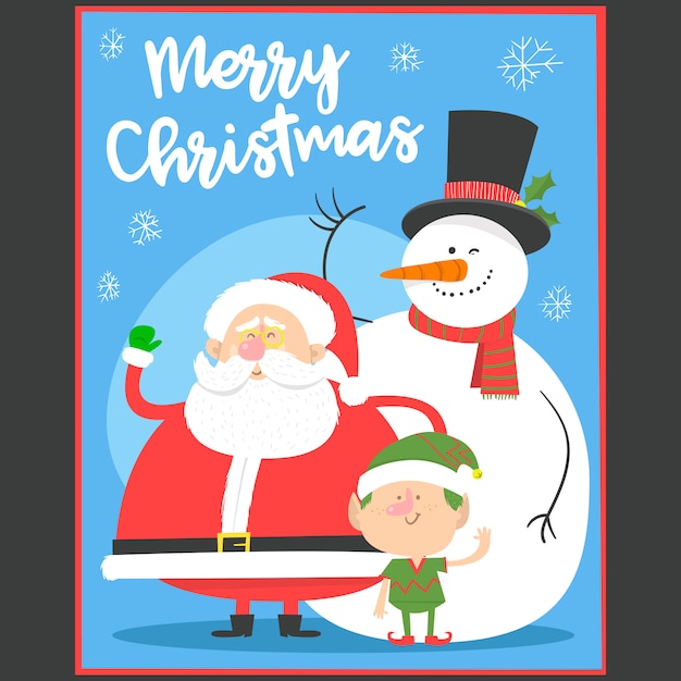  Merry Christmas greeting card with santa claus, snowman and elf