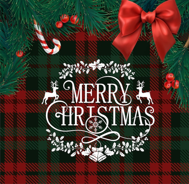 Merry Christmas greeting card with scottish red and green checkered pattern fir branches holly berries and satin bow