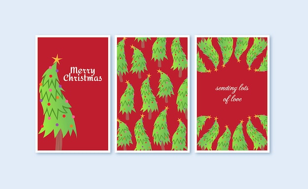 Merry Christmas greeting card with various pine tree collection set