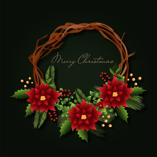 Merry Christmas Greeting Card With Wreath Decorated From Poinsettia Flower Leaves And Berries On Dark Green Background