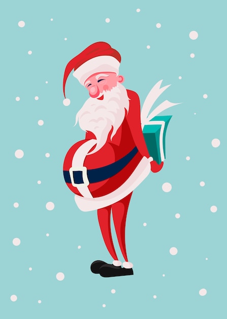 Merry Christmas greeting cards. Santa Claus holding gift box behind his back and smiles