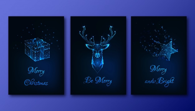 Merry Christmas greeting cards set with futuristic glowing elements