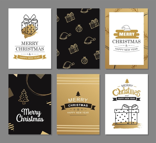 Merry christmas greeting cards with gold luxury decoration templates Set of holiday posters tag banner postcard design