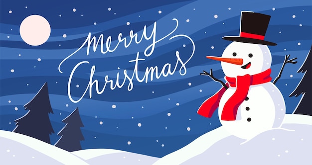 Merry Christmas greeting. landscape with snowman  illustration.