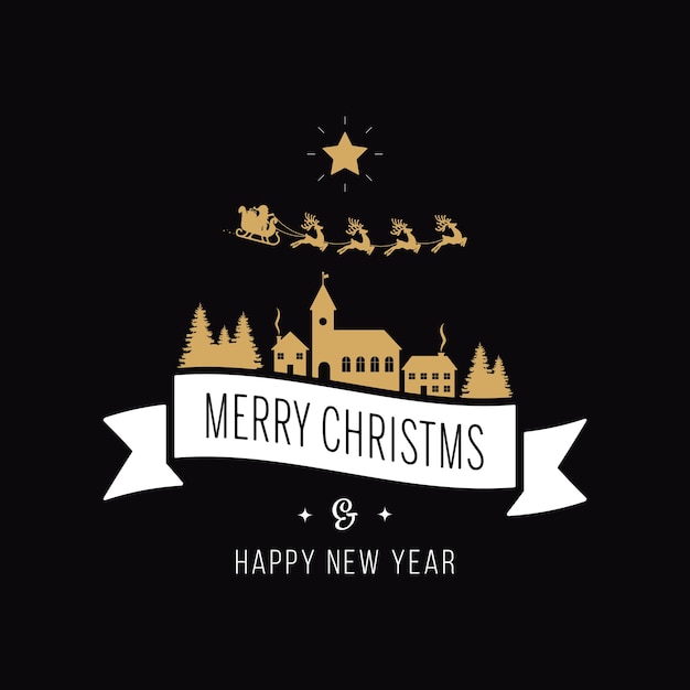 Merry christmas greeting text gold santa sleigh landscape black background