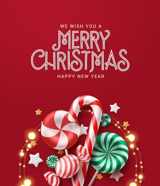 Merry christmas greeting text vector design. Christmas candy cane and xmas lights decoration element