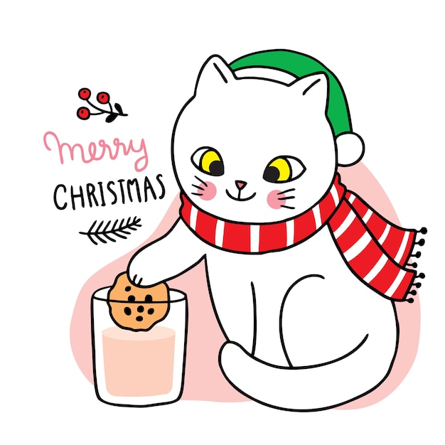 merry christmas Hand draw cartoon cute cat eating cookies and milk .