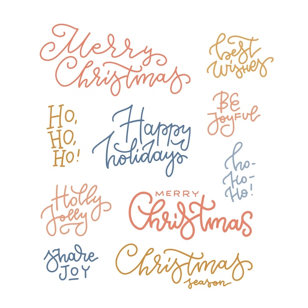 Merry christmas hand drawn lettering set happy holidays linear typography collection vector momoline...