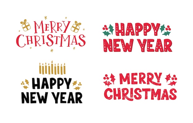 Merry Christmas hand drawn lettering set with present, holly and candle. Winter holiday typography design.