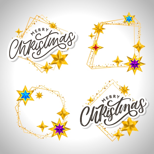 Merry Christmas hand drawn lettering with golden frame and stars collection