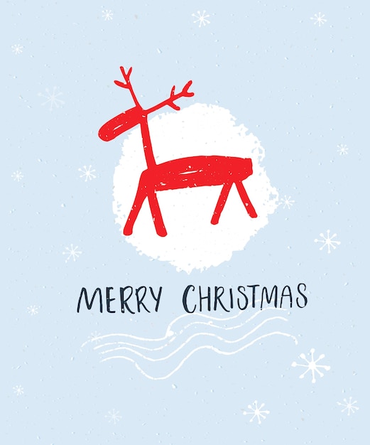 Merry Christmas hand lettering and hand drawn illustration of red deer at blue background.