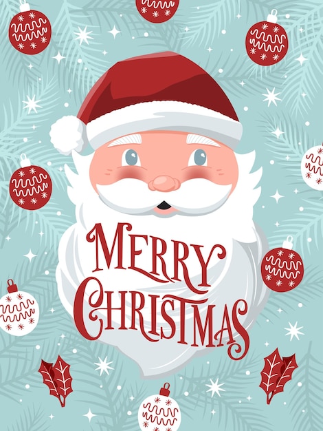 Merry Christmas hand lettering sign with hand drawn Santa Claus and holiday icons on light blue background with stars. Colorful festive illustration