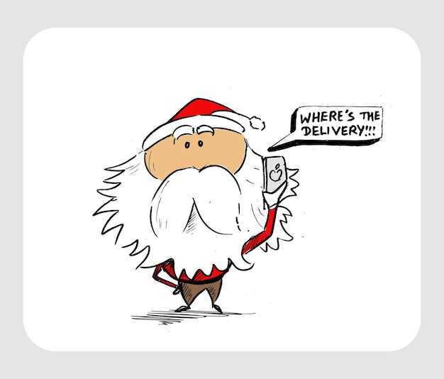 Merry Christmas! Hand Sketchy Drawing of a Funny Santa Claus Holding Gift Bag, Vector illustration