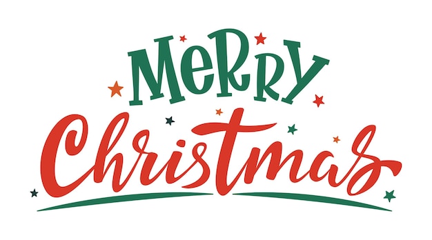 Merry Christmas handwritten lettering; Red and Green text with stars isolated on white.