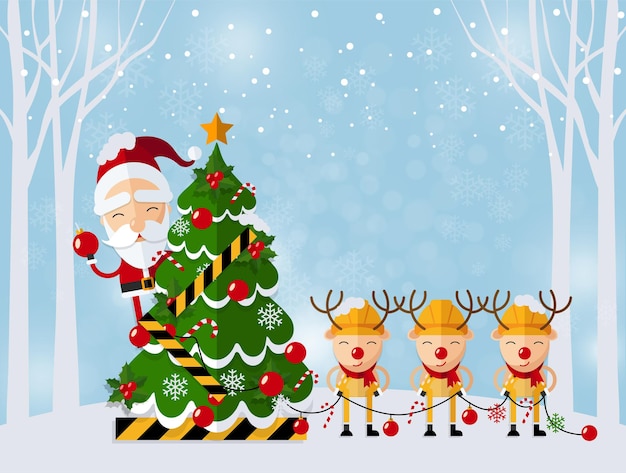 Merry Christmas Happy Christmas companions. Santa Claus, Snowman, Reindeer and elf in Christmas snow scene with craft style on background.