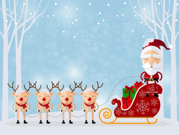 Merry Christmas Happy Christmas companions. Santa Claus, Snowman, Reindeer and elf in Christmas snow scene with craft style on background.