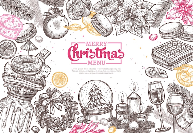 Merry Christmas happy holiday sketch background for dinner menu in restaurant and cafe.