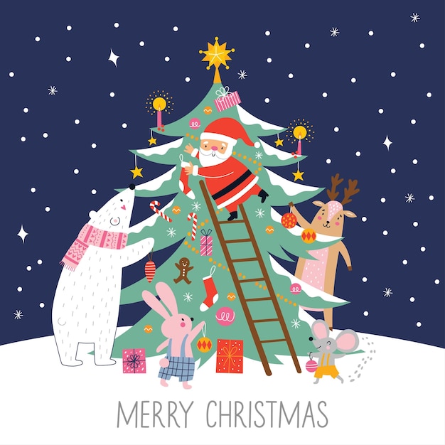 Merry Christmas and Happy Holidays card with cute Santa Claus decorating New Year tree