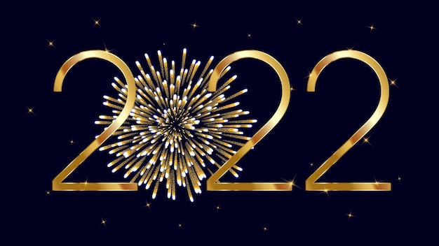 Merry Christmas and happy New Year 2022 on dark background with golden fireworks