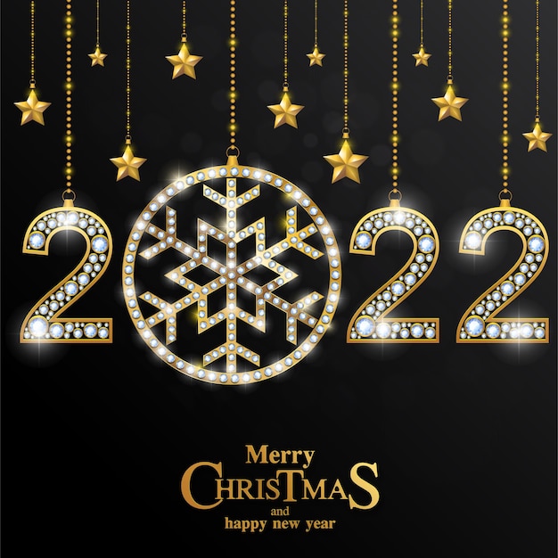 Merry Christmas and happy new year 2022 with gold patterned and crystals on paper color.